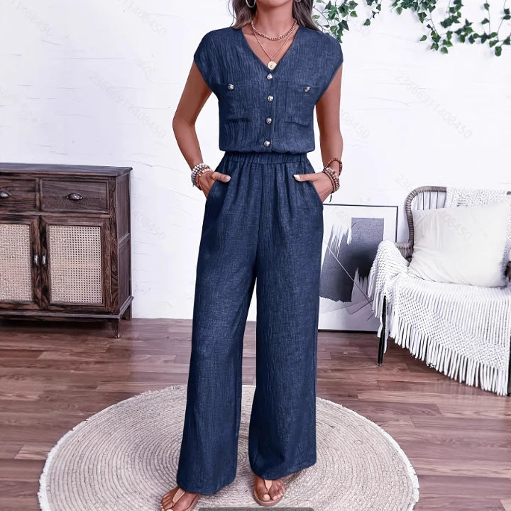 V-Neck Buttoned Waist Jumpsuit