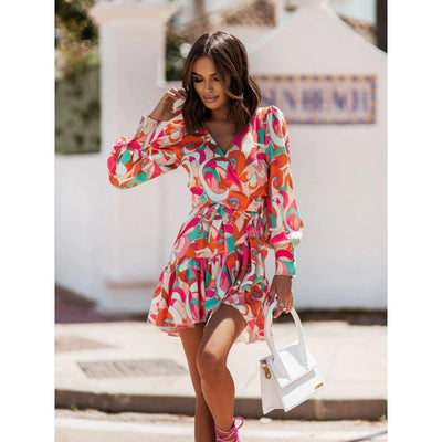 V-Neck Printed Waist Dress