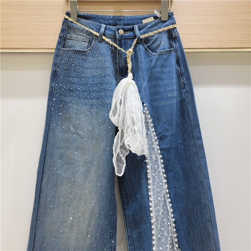 Lace Stitching Rhinestone Jeans - Shé Hauté