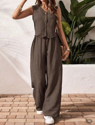 Linen Button Vest Set