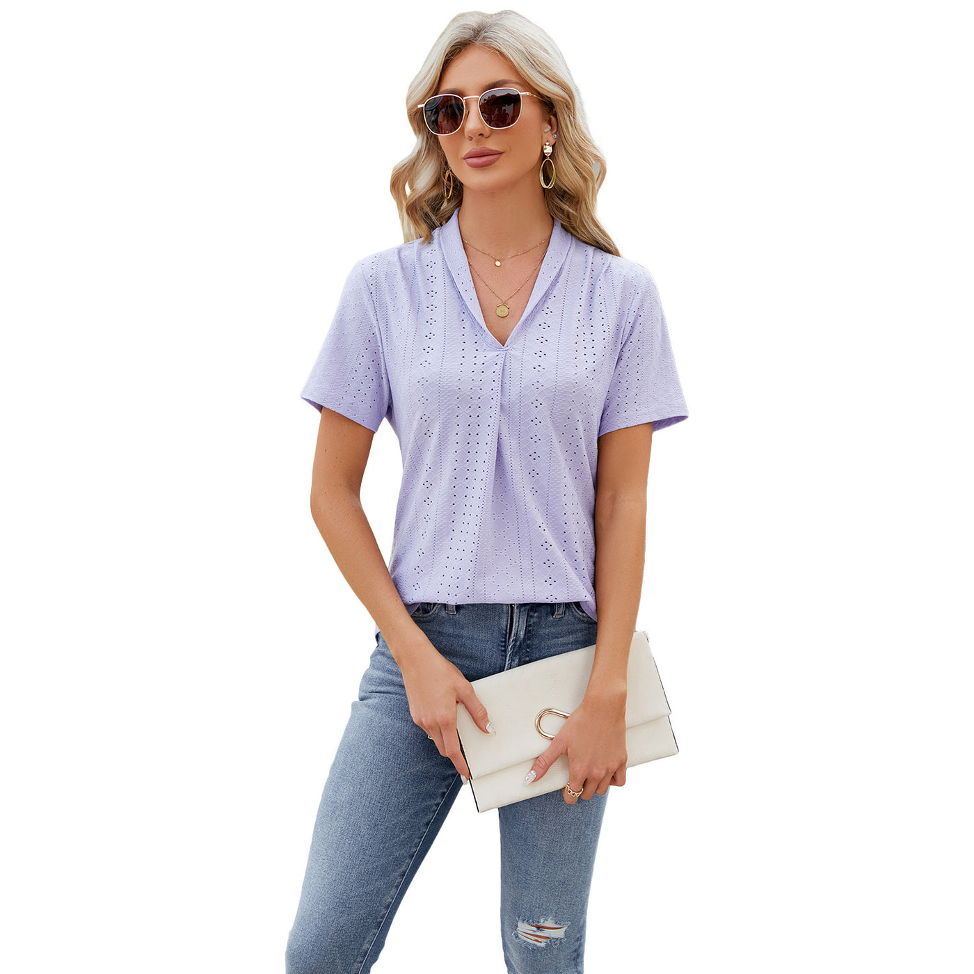 Hollow V-Neck Loose Fit Tee