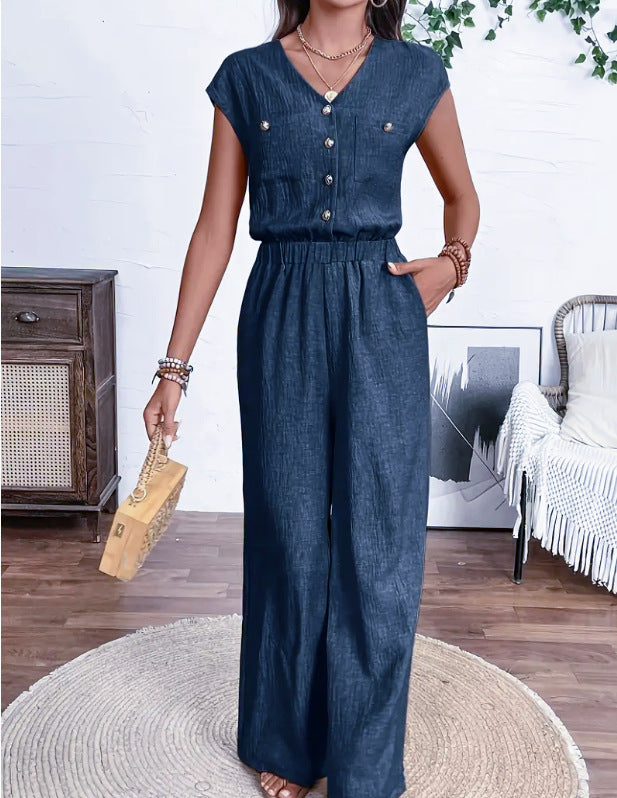 V-Neck Buttoned Waist Jumpsuit