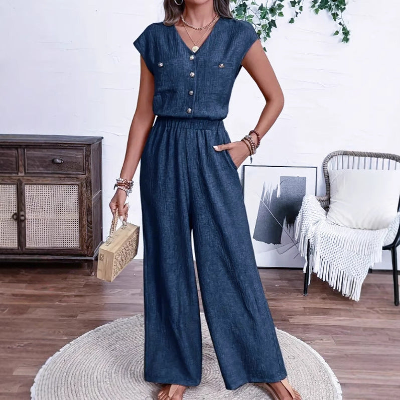 V-Neck Buttoned Waist Jumpsuit