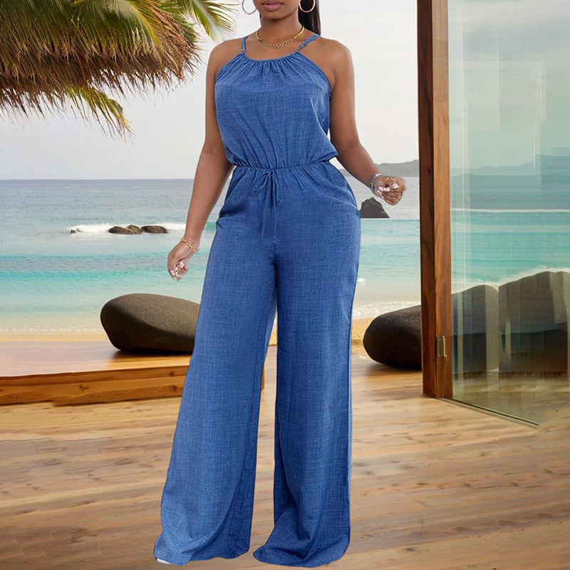 Solid Color Drawstring Jumpsuit