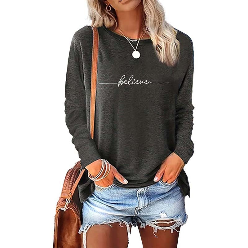 Long Sleeve Letter Print Tops – Women