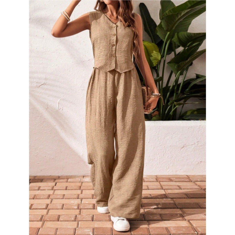 Linen Button Vest Set