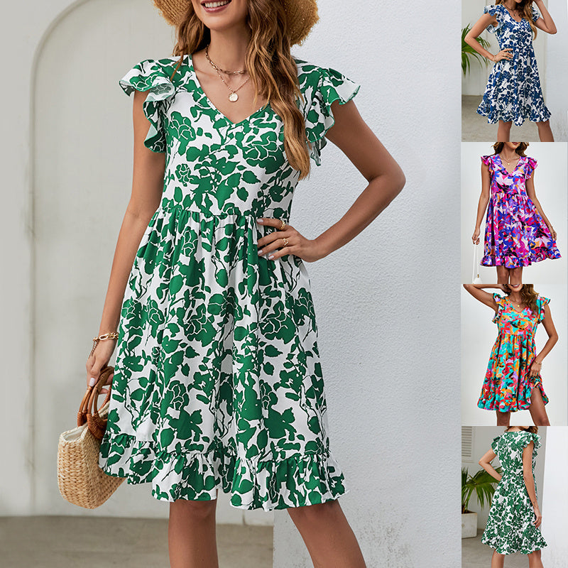Robe à feuilles et col en V