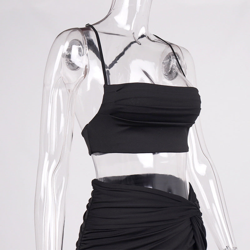 Pleated Crop Top & Slit Skirt Set