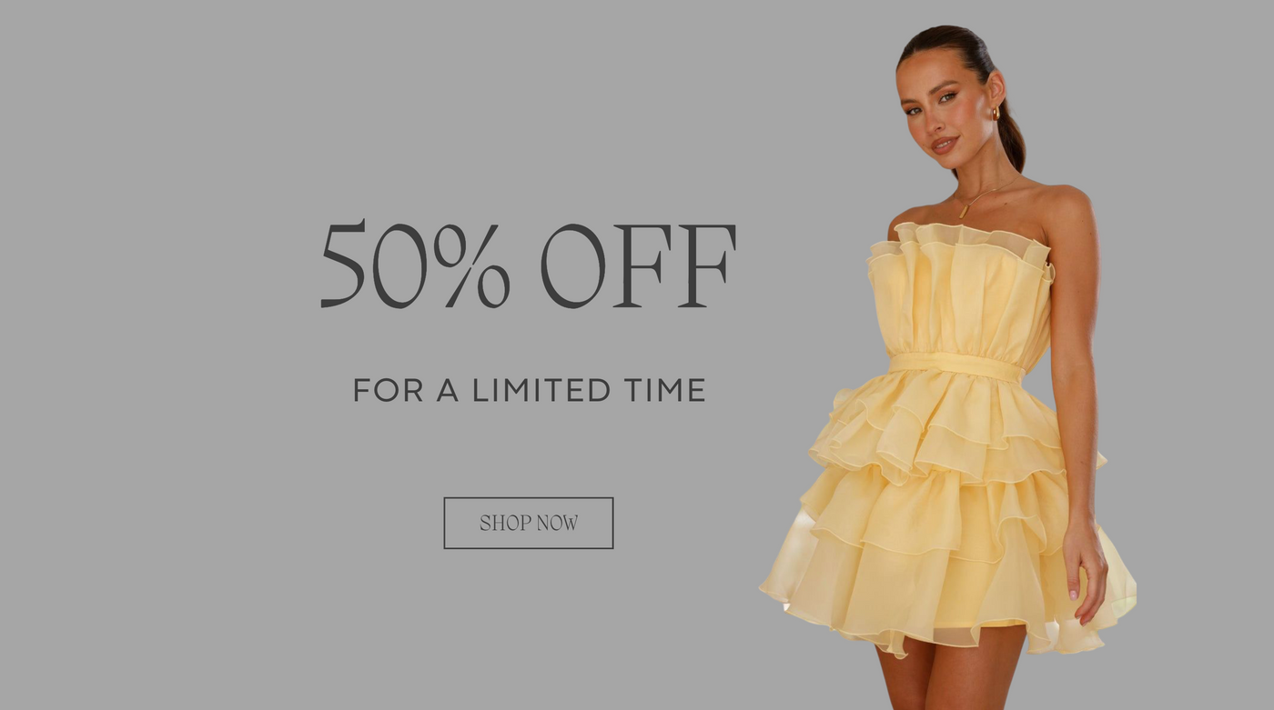 Woman wearing a yellow dress with promotional text on a gray background