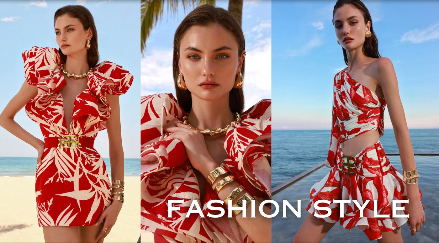 Woman in a red and white floral dress with gold accessories on a beach, with 'Fashion Style' text overlay.