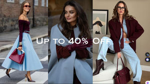 Woman in stylish outfit with text 'Up to 40% Off' in a collage format.