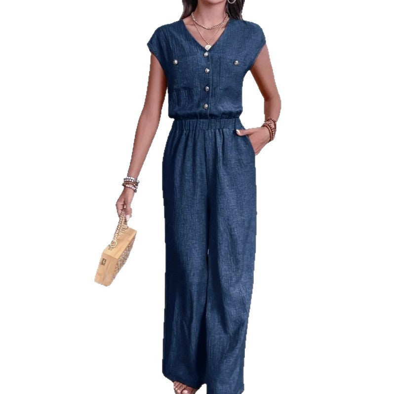 V-Neck Buttoned Waist Jumpsuit