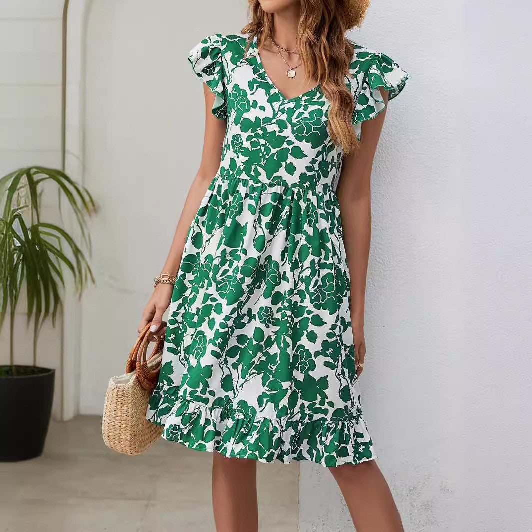Robe à feuilles et col en V