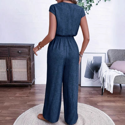 V-Neck Buttoned Waist Jumpsuit