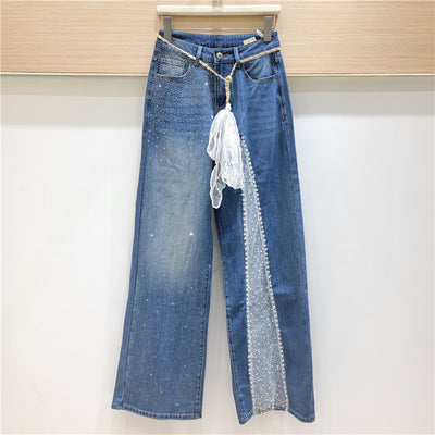 Lace Stitching Rhinestone Jeans - Shé Hauté
