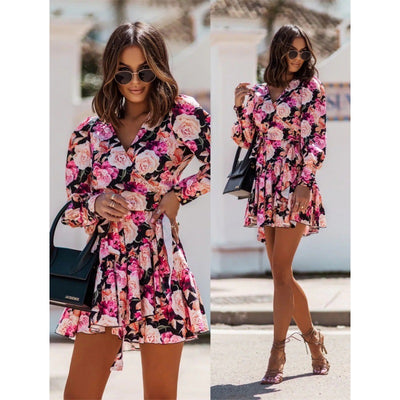 V-Neck Printed Waist Dress