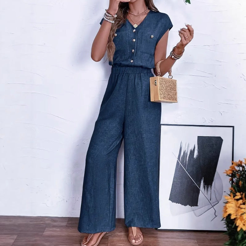 V-Neck Buttoned Waist Jumpsuit