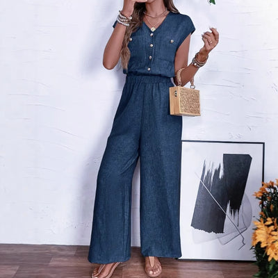V-Neck Buttoned Waist Jumpsuit