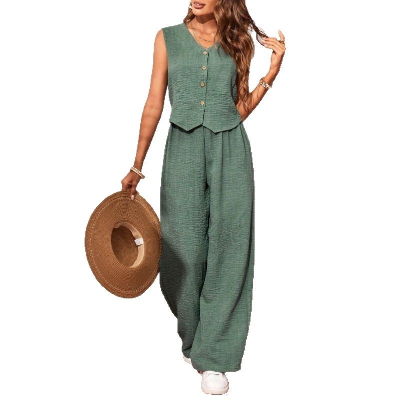 Linen Button Vest Set